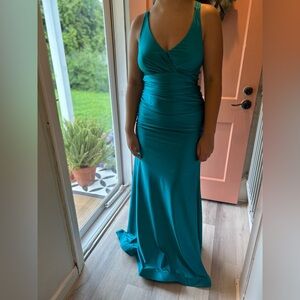 JULES AND CLEO
stretch satin v-neck tank mermaid dress